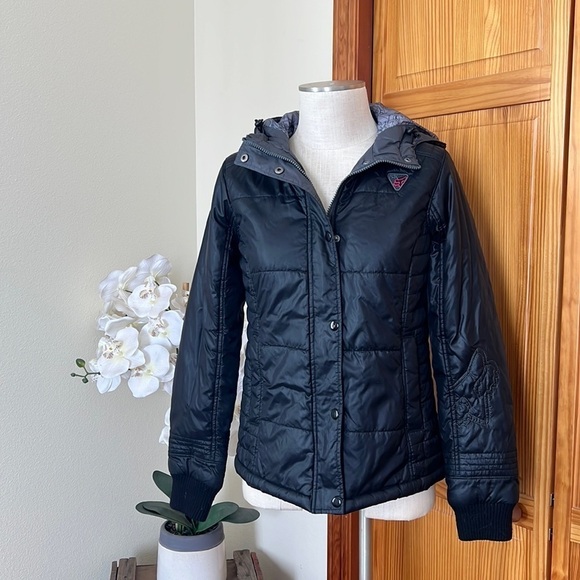 Fox Racing Black Puffer Jacket Coat Small Hooded Rare - Picture 2 of 11
